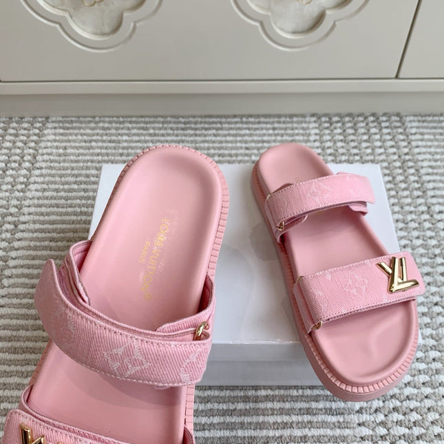 LV TWO-STRAP SANDALS 25S IN LIGHT PINK DENIM AND CALFSKIN  WITH GOLD HARDWARE