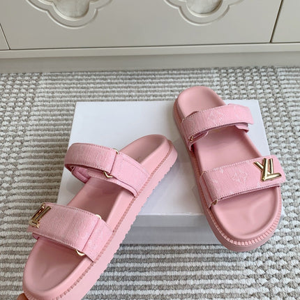 LV TWO-STRAP SANDALS 25S IN LIGHT PINK DENIM AND CALFSKIN  WITH GOLD HARDWARE