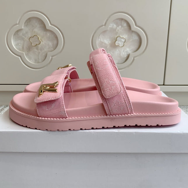 LV TWO-STRAP SANDALS 25S IN LIGHT PINK DENIM AND CALFSKIN  WITH GOLD HARDWARE