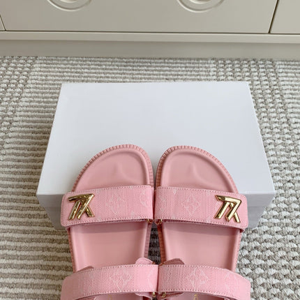 LV TWO-STRAP SANDALS 25S IN LIGHT PINK DENIM AND CALFSKIN  WITH GOLD HARDWARE