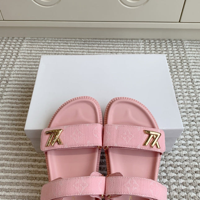 LV TWO-STRAP SANDALS 25S IN LIGHT PINK DENIM AND CALFSKIN  WITH GOLD HARDWARE
