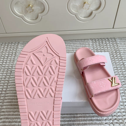 LV TWO-STRAP SANDALS 25S IN LIGHT PINK DENIM AND CALFSKIN  WITH GOLD HARDWARE