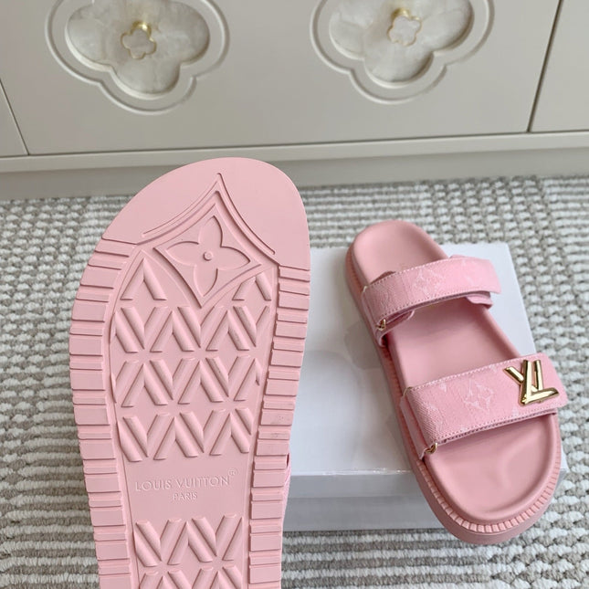 LV TWO-STRAP SANDALS 25S IN LIGHT PINK DENIM AND CALFSKIN  WITH GOLD HARDWARE