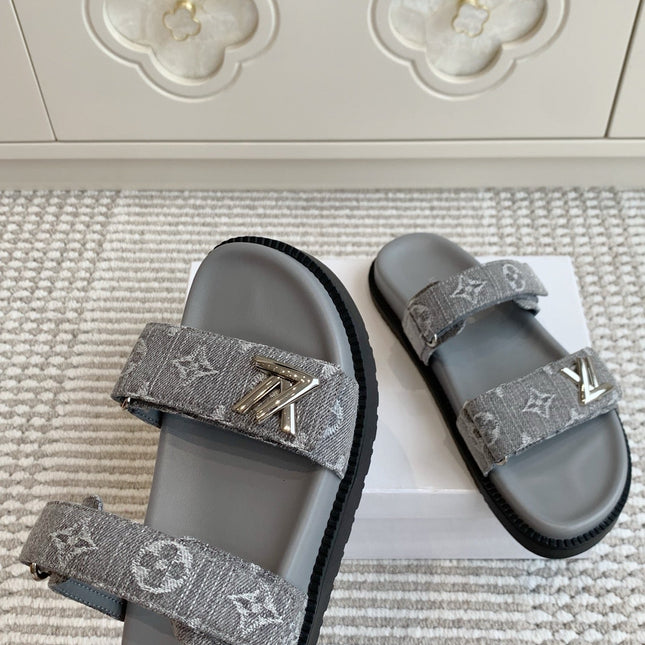 LV TWO-STRAP SANDALS 25S IN GREY DENIM AND CALFSKIN  WITH SILVER HARDWARE