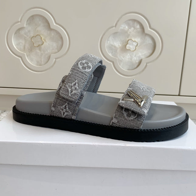 LV TWO-STRAP SANDALS 25S IN GREY DENIM AND CALFSKIN  WITH SILVER HARDWARE