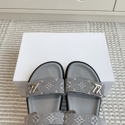 LV TWO-STRAP SANDALS 25S IN GREY DENIM AND CALFSKIN  WITH SILVER HARDWARE
