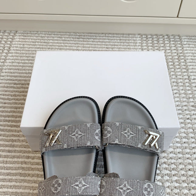 LV TWO-STRAP SANDALS 25S IN GREY DENIM AND CALFSKIN  WITH SILVER HARDWARE