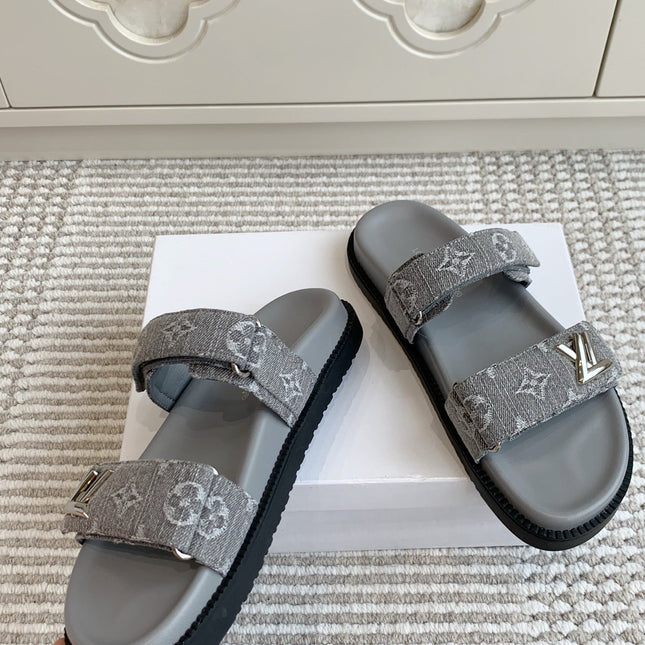 LV TWO-STRAP SANDALS 25S IN GREY DENIM AND CALFSKIN  WITH SILVER HARDWARE