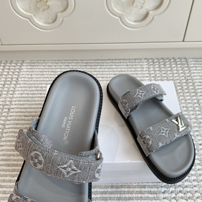 LV TWO-STRAP SANDALS 25S IN GREY DENIM AND CALFSKIN  WITH SILVER HARDWARE
