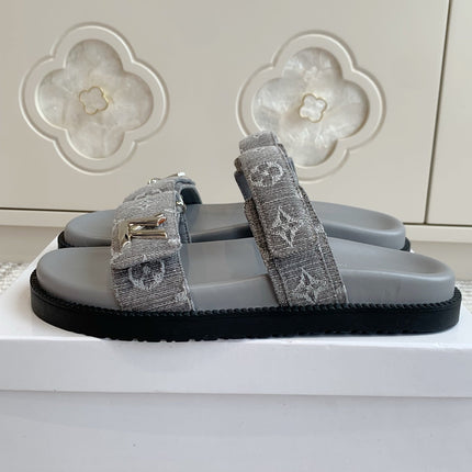 LV TWO-STRAP SANDALS 25S IN GREY DENIM AND CALFSKIN  WITH SILVER HARDWARE