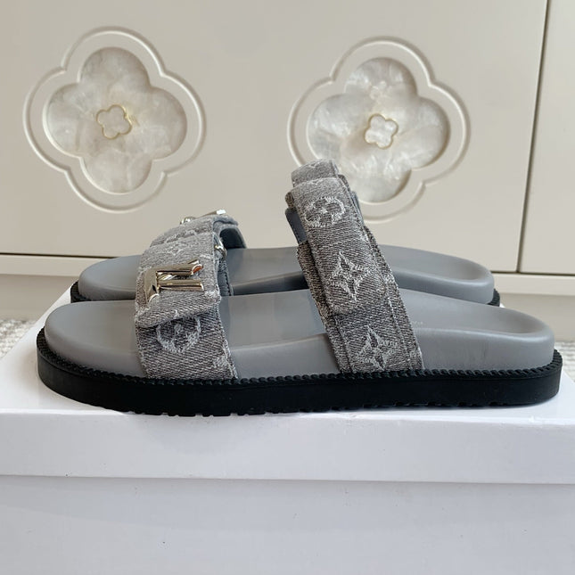 LV TWO-STRAP SANDALS 25S IN GREY DENIM AND CALFSKIN  WITH SILVER HARDWARE