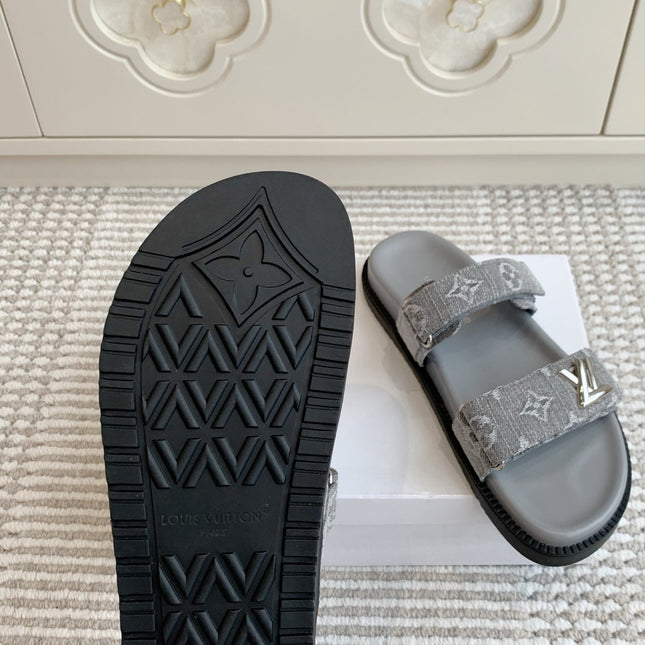 LV TWO-STRAP SANDALS 25S IN GREY DENIM AND CALFSKIN  WITH SILVER HARDWARE