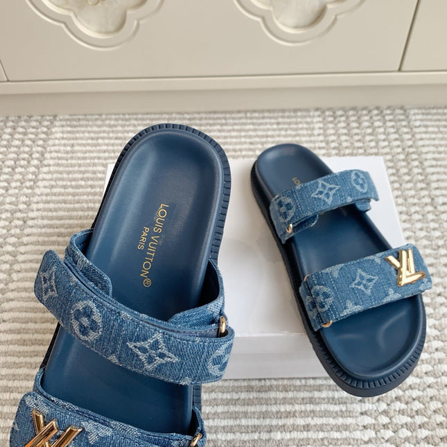 LV TWO-STRAP SANDALS 25S IN BLUE DENIM AND CALFSKIN WITH GOLD HARDWARE