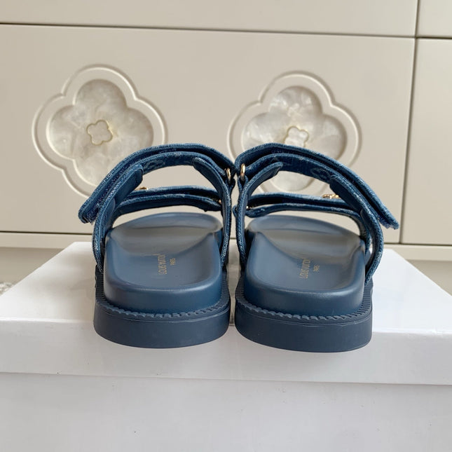 LV TWO-STRAP SANDALS 25S IN BLUE DENIM AND CALFSKIN WITH GOLD HARDWARE