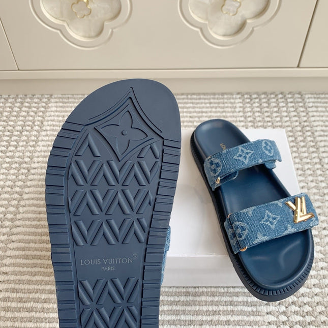 LV TWO-STRAP SANDALS 25S IN BLUE DENIM AND CALFSKIN WITH GOLD HARDWARE
