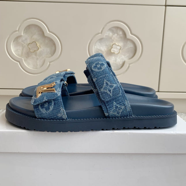 LV TWO-STRAP SANDALS 25S IN BLUE DENIM AND CALFSKIN WITH GOLD HARDWARE