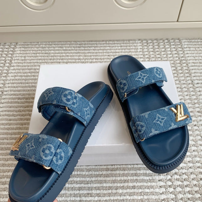 LV TWO-STRAP SANDALS 25S IN BLUE DENIM AND CALFSKIN WITH GOLD HARDWARE
