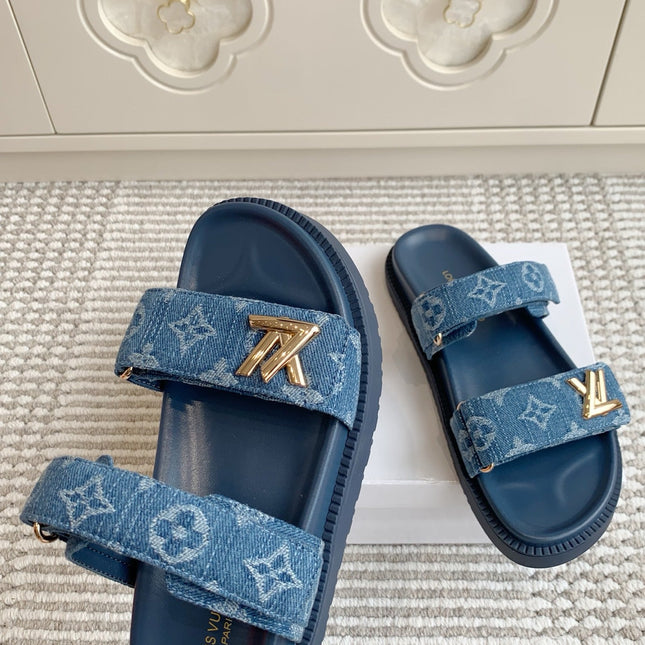 LV TWO-STRAP SANDALS 25S IN BLUE DENIM AND CALFSKIN WITH GOLD HARDWARE