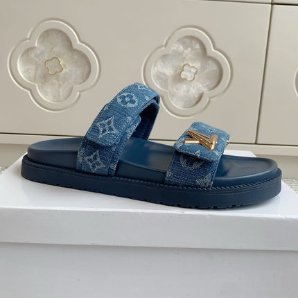 LV TWO-STRAP SANDALS 25S IN BLUE DENIM AND CALFSKIN WITH GOLD HARDWARE