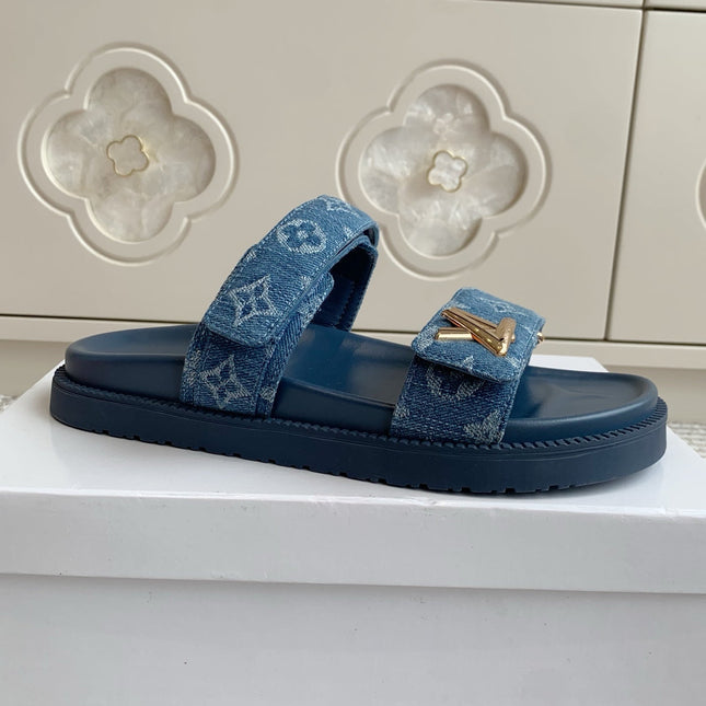 LV TWO-STRAP SANDALS 25S IN BLUE DENIM AND CALFSKIN WITH GOLD HARDWARE