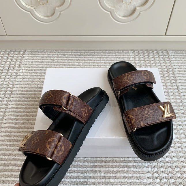 LV TWO-STRAP SANDALS 25S IN BROWN MIX BLACK CALFSKIN WITH GOLD HARDWARE