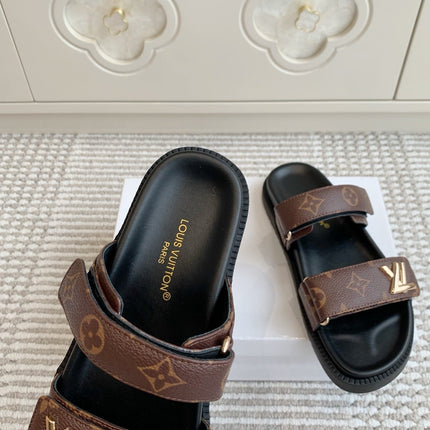 LV TWO-STRAP SANDALS 25S IN BROWN MIX BLACK CALFSKIN WITH GOLD HARDWARE