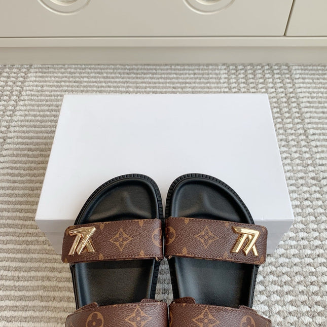 LV TWO-STRAP SANDALS 25S IN BROWN MIX BLACK CALFSKIN WITH GOLD HARDWARE