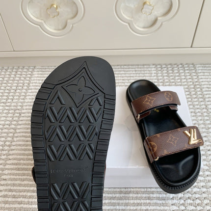LV TWO-STRAP SANDALS 25S IN BROWN MIX BLACK CALFSKIN WITH GOLD HARDWARE