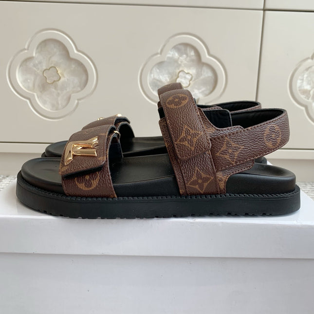LV SANDALS 25S IN BROWN MIX BLACK CALFSKIN WITH GOLD HARDWARE
