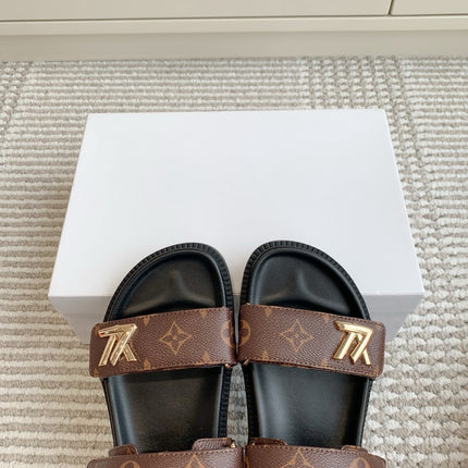 LV SANDALS 25S IN BROWN MIX BLACK CALFSKIN WITH GOLD HARDWARE