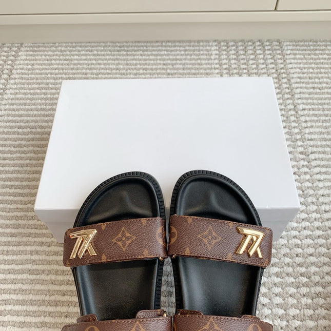 LV SANDALS 25S IN BROWN MIX BLACK CALFSKIN WITH GOLD HARDWARE