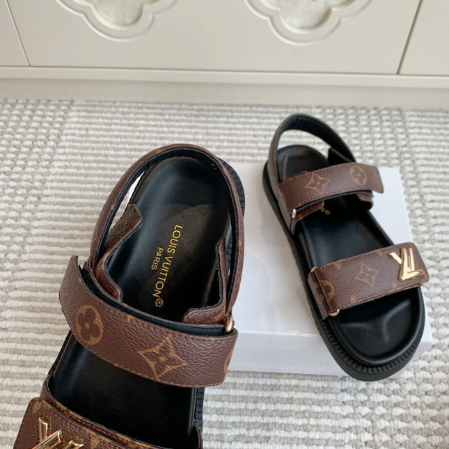 LV SANDALS 25S IN BROWN MIX BLACK CALFSKIN WITH GOLD HARDWARE