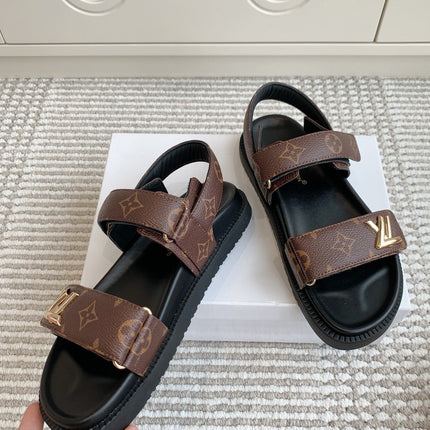 LV SANDALS 25S IN BROWN MIX BLACK CALFSKIN WITH GOLD HARDWARE