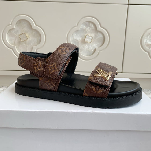 LV SANDALS 25S IN BROWN MIX BLACK CALFSKIN WITH GOLD HARDWARE