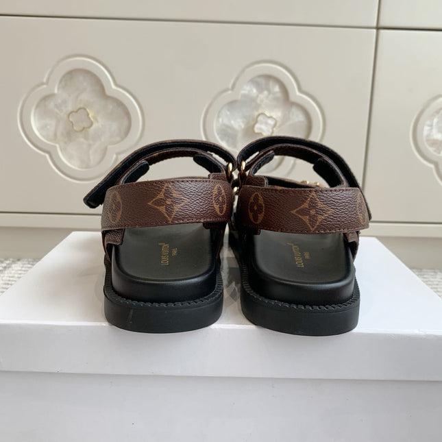 LV SANDALS 25S IN BROWN MIX BLACK CALFSKIN WITH GOLD HARDWARE