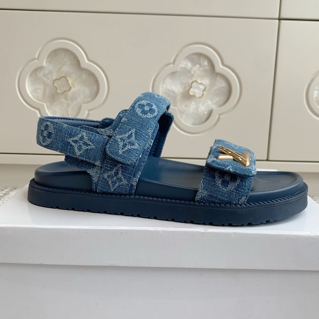 LV SANDALS 25S IN BLUE DENIM AND CALFSKIN WITH GOLD HARDWARE