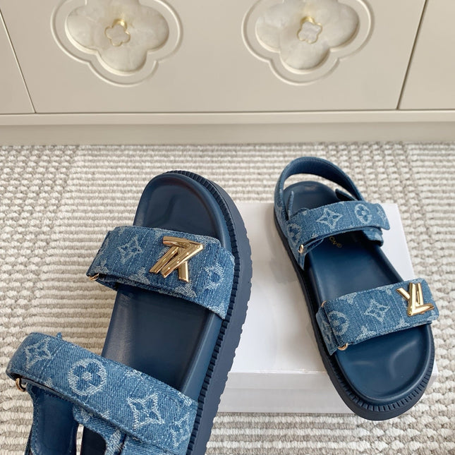 LV SANDALS 25S IN BLUE DENIM AND CALFSKIN WITH GOLD HARDWARE