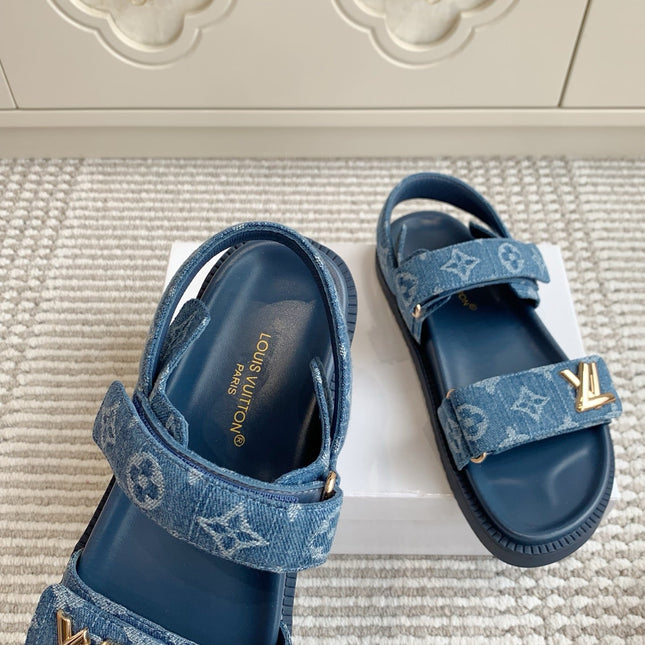 LV SANDALS 25S IN BLUE DENIM AND CALFSKIN WITH GOLD HARDWARE