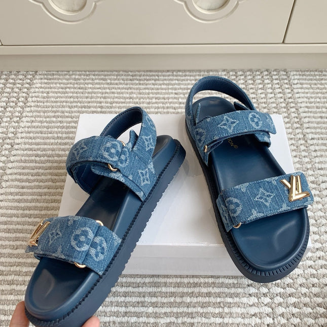 LV SANDALS 25S IN BLUE DENIM AND CALFSKIN WITH GOLD HARDWARE