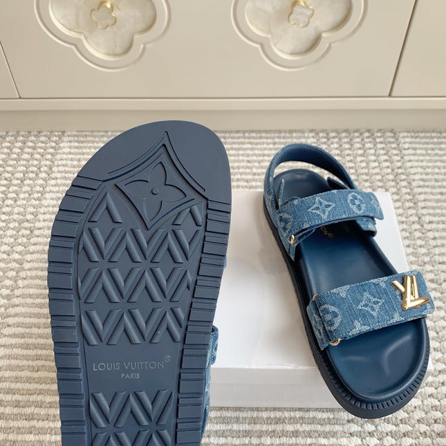 LV SANDALS 25S IN BLUE DENIM AND CALFSKIN WITH GOLD HARDWARE