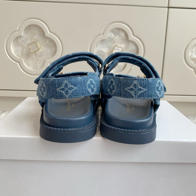 LV SANDALS 25S IN BLUE DENIM AND CALFSKIN WITH GOLD HARDWARE