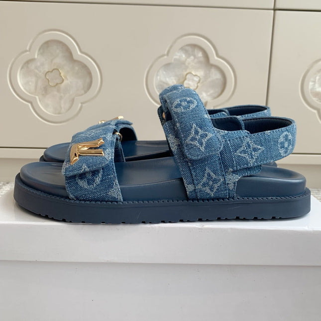 LV SANDALS 25S IN BLUE DENIM AND CALFSKIN WITH GOLD HARDWARE