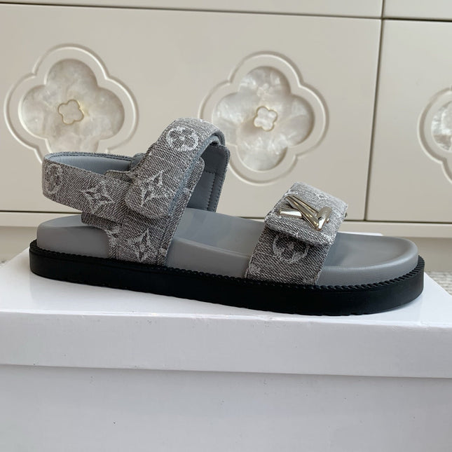 LV SANDALS 25S IN GREY DENIM AND CALFSKIN WITH SILVER HARDWARE