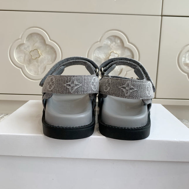 LV SANDALS 25S IN GREY DENIM AND CALFSKIN WITH SILVER HARDWARE