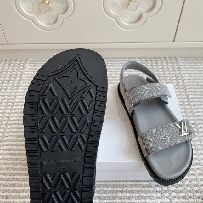 LV SANDALS 25S IN GREY DENIM AND CALFSKIN WITH SILVER HARDWARE