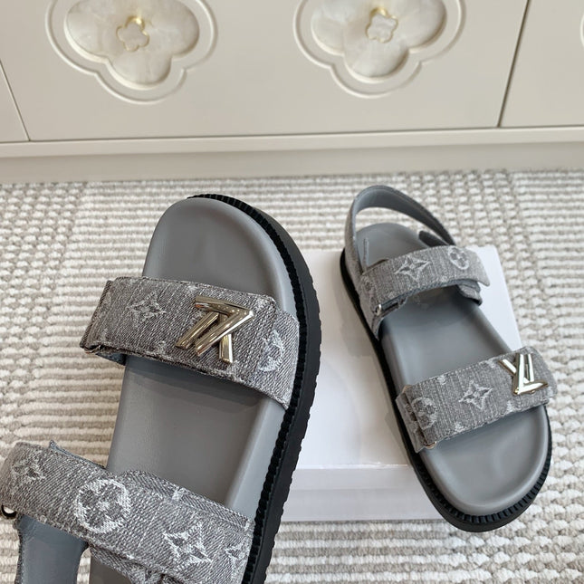 LV SANDALS 25S IN GREY DENIM AND CALFSKIN WITH SILVER HARDWARE