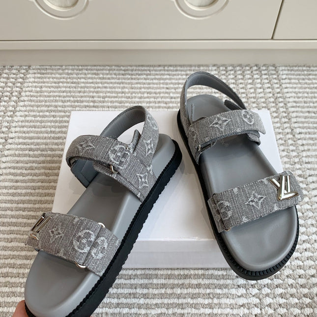 LV SANDALS 25S IN GREY DENIM AND CALFSKIN WITH SILVER HARDWARE