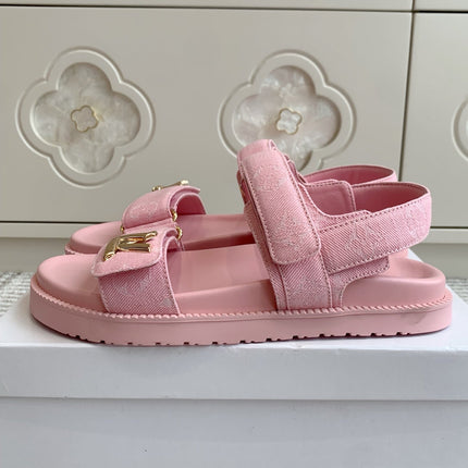 LV SANDALS 25S IN LIGHT PINK DENIM AND CALFSKIN WITH GOLD HARDWARE
