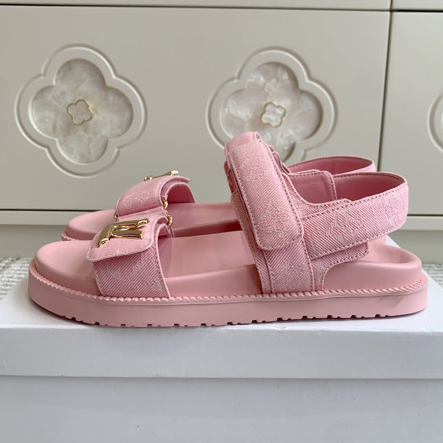 LV SANDALS 25S IN LIGHT PINK DENIM AND CALFSKIN WITH GOLD HARDWARE