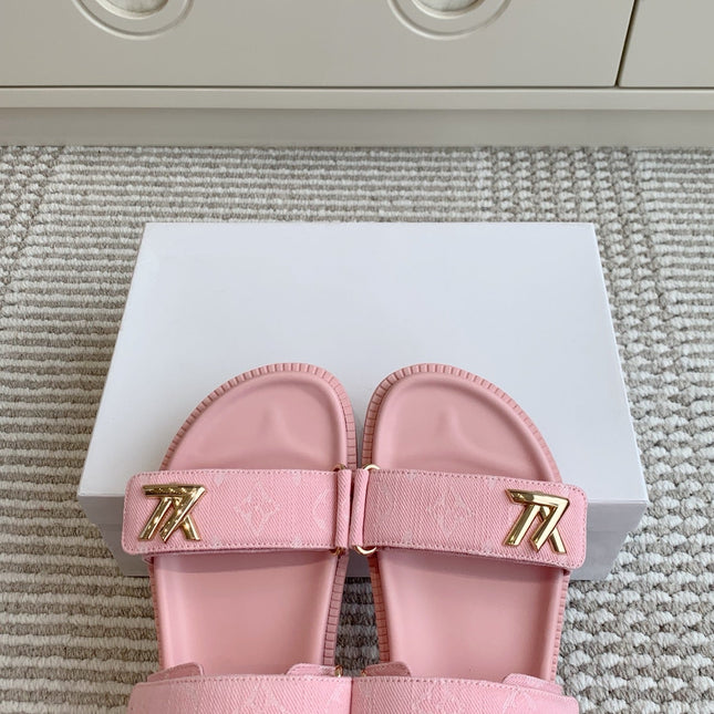 LV SANDALS 25S IN LIGHT PINK DENIM AND CALFSKIN WITH GOLD HARDWARE